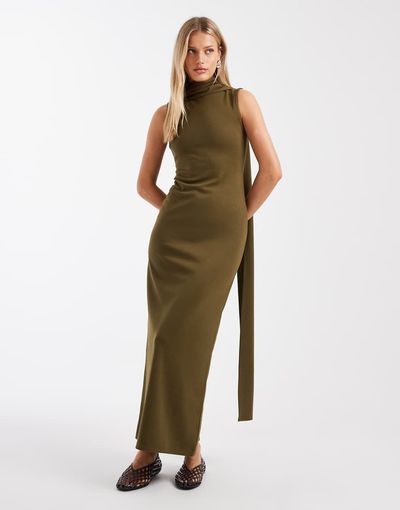 ASOS DESIGN ASOS DESIGN interlock sleeveless maxi dress with scarf detail in khaki green
