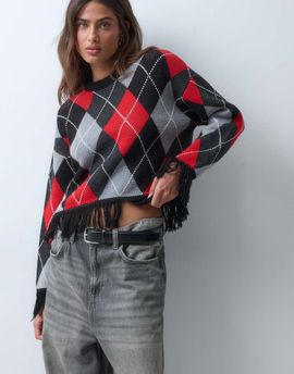 ASOS DESIGN ASOS DESIGN jacquard fringe hem and sleeve sweater in red and black-MULTI