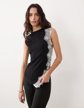 ASOS DESIGN ASOS DESIGN jersey asymmetric top with white lace detailing in black