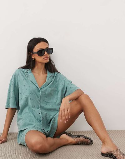 ASOS DESIGN ASOS DESIGN Jersey broderie collared button down shirt in washed blue