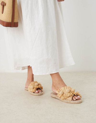 ASOS DESIGN ASOS DESIGN Jovie raffia pom-pom espadrille mules in natural-Neutral