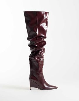 ASOS DESIGN ASOS DESIGN Katya wedge ruched over the knee boots in burgundy-RED
