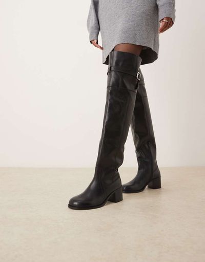 Asos Design Kensington Leather Heeled Over The Knee Boots In Black