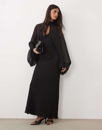 ASOS DESIGN ASOS DESIGN keyhole overlay blouson sleeve with bias cami maxi dress underneath in black-Brown