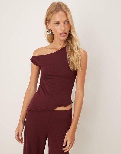 ASOS DESIGN ASOS DESIGN knit-look off the shoulder asymmetric top in burgundy - part of a set-Red