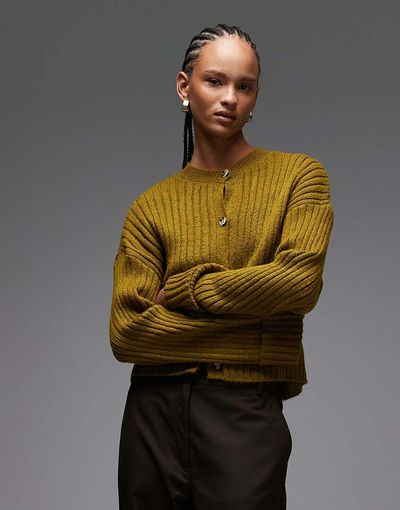 ASOS DESIGN ASOS DESIGN knit cardigan with turn-up cuffs in olive-Green