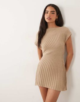 ASOS DESIGN ASOS DESIGN knit cinched pleated mini dress in stone-Neutral