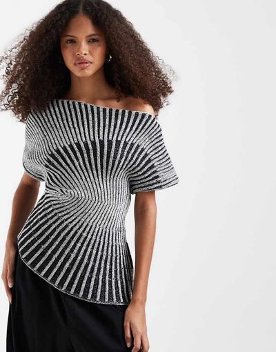 ASOS DESIGN ASOS DESIGN knit cinched pleated top in mono stripe-Multi