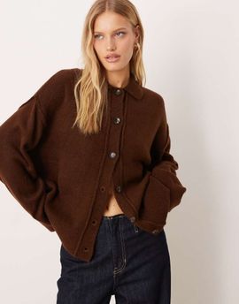ASOS DESIGN ASOS DESIGN knit collared cardigan shirt with seam detailing in chocolate-Brown
