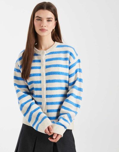 ASOS DESIGN ASOS DESIGN knit crew neck cardigan in blue and ecru stripe-Multi