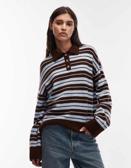 ASOS DESIGN ASOS DESIGN knit fluffy rugby top in blue and brown stripe-Multi