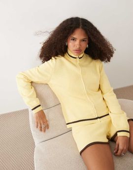 ASOS DESIGN ASOS DESIGN knit funnel neck zip-up jacket set in buttermilk-Yellow