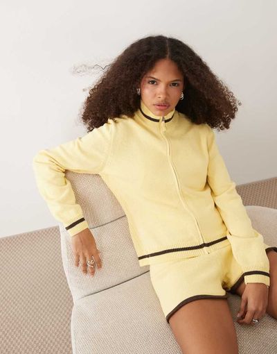 ASOS DESIGN ASOS DESIGN knit funnel neck zip-up jacket set in buttermilk-Yellow
