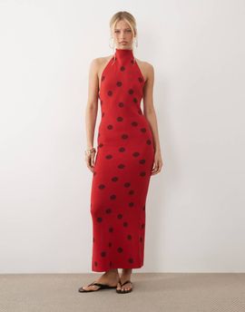 ASOS DESIGN ASOS DESIGN knit halter neck maxi dress in red polka dot-Multi