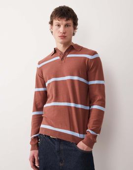 ASOS DESIGN ASOS DESIGN knit long sleeve polo shirt in brown and blue stripes-Multi