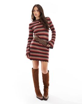 ASOS DESIGN ASOS DESIGN knit mini dress with flared sleeves in striped crochet stitch-Multi