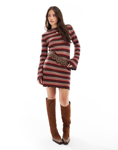 ASOS DESIGN ASOS DESIGN knit mini dress with flared sleeves in striped crochet stitch-Multi