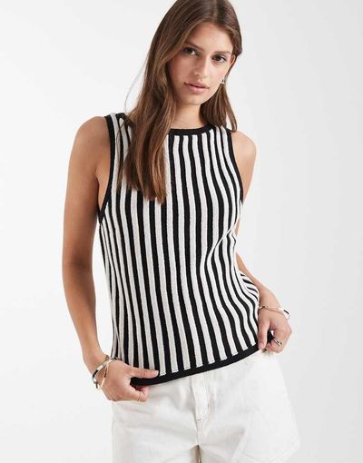 ASOS DESIGN ASOS DESIGN knit pleated tank top in mono stripe-Multi