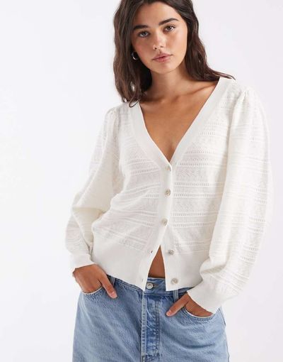 ASOS DESIGN ASOS DESIGN knit pointelle cardigan with balloon sleeves in ecru-White