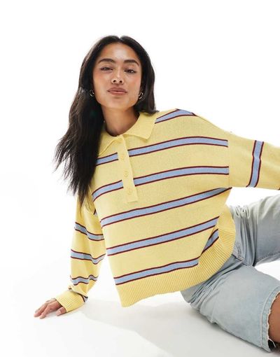 ASOS DESIGN ASOS DESIGN knit polo top in yellow stripe-Multi