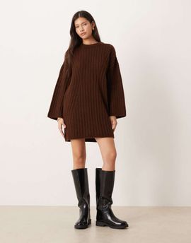 ASOS DESIGN ASOS DESIGN knit ribbed crew neck sweater dress in chocolate-Brown