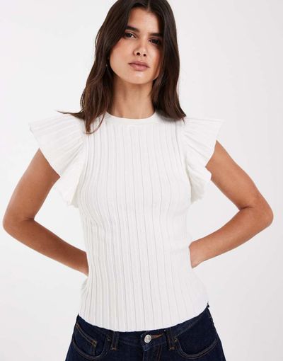 ASOS DESIGN ASOS DESIGN knit ribbed short sleeve tee in cream-White