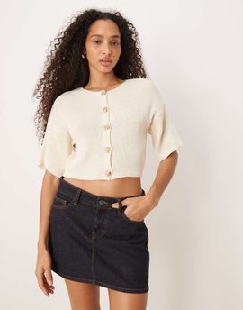 ASOS DESIGN ASOS DESIGN knit short sleeve cardigan with gold buttons in stone-Neutral