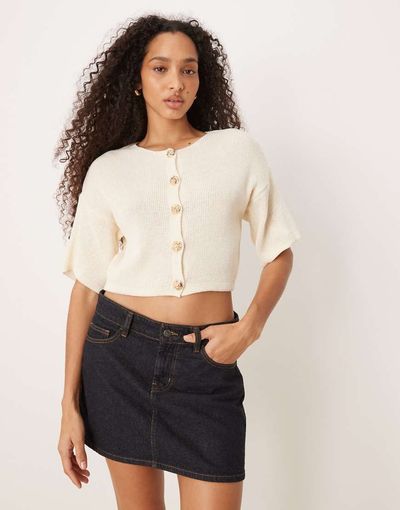 ASOS DESIGN ASOS DESIGN knit short sleeve cardigan with gold buttons in stone-Neutral