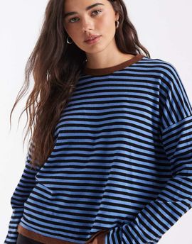 ASOS DESIGN ASOS DESIGN knit striped sweater with contrast trim in blue and brown-Multi