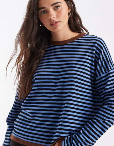 ASOS DESIGN ASOS DESIGN knit striped sweater with contrast trim in blue and brown-Multi