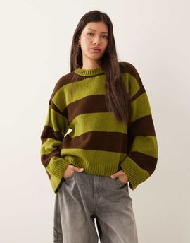 ASOS DESIGN ASOS DESIGN knit sweater in olive and chocolate wide stripes-Multi