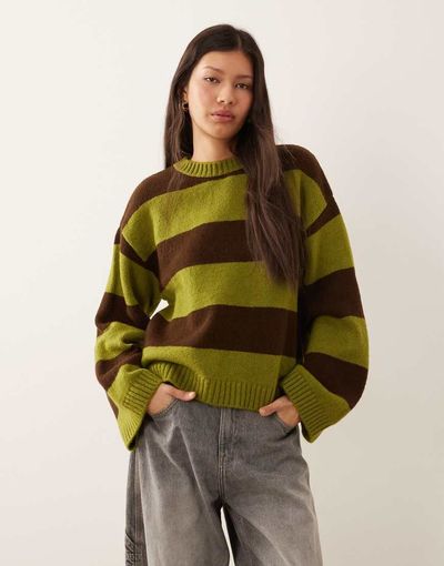 ASOS DESIGN ASOS DESIGN knit sweater in olive and chocolate wide stripes-Multi