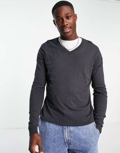 ASOS DESIGN ASOS DESIGN knitted cotton v-neck sweater in charcoal-Gray
