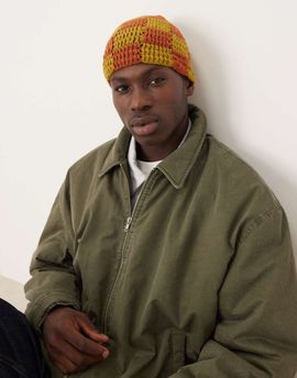 ASOS DESIGN ASOS DESIGN knitted crochet checkerboard skull beanie in green and brown