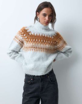 ASOS DESIGN ASOS DESIGN knitted funnel neck Fair Isle sweater with balloon sleeves in gray