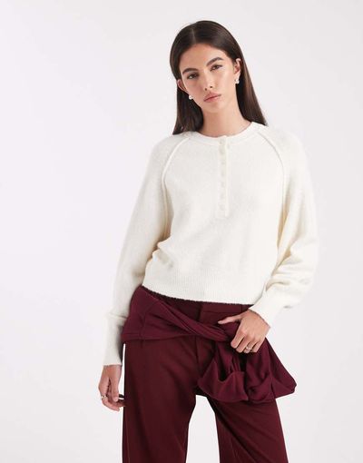 ASOS DESIGN ASOS DESIGN knitted long sleeve henley sweater in oatmeal-Neutral