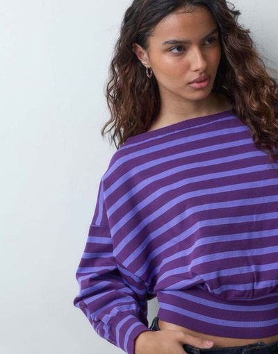 Asos Design Knitted Off-The-Shoulder Sweater In Lilac Stripe