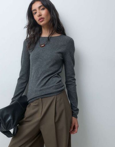 ASOS DESIGN ASOS DESIGN knitted slash neck long sleeve fine gauge top in charcoal-Gray