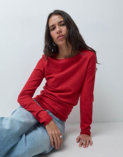 ASOS DESIGN ASOS DESIGN knitted slash neck long sleeve fine gauge top in red