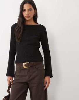 ASOS DESIGN ASOS DESIGN knitted slash neck waisted ribbed sweater in black