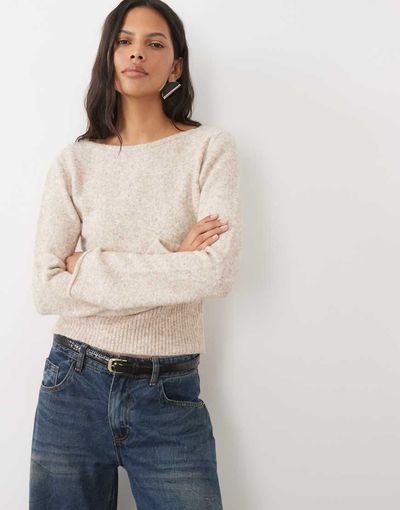 ASOS DESIGN ASOS DESIGN knitted slash neck waisted ribbed sweater in oatmeal-NEUTRAL