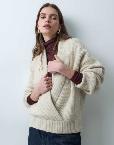 ASOS DESIGN ASOS DESIGN knitted slouchy shawl sweater in oat-NEUTRAL