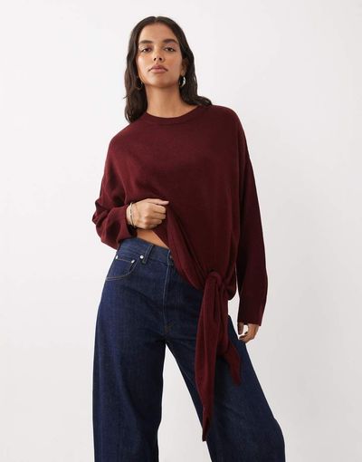 ASOS DESIGN ASOS DESIGN knitted tie-side sweater in burgundy-RED