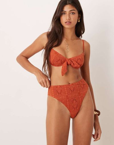 ASOS DESIGN ASOS DESIGN Kyle broderie Azores high leg high waist bikini bottom in rust-Orange