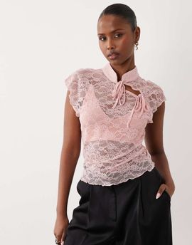 ASOS DESIGN ASOS DESIGN lace collared top with skinny ties in dusty pink