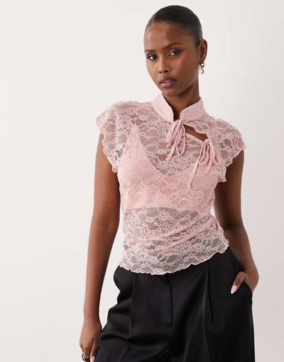 ASOS DESIGN ASOS DESIGN lace collared top with skinny ties in dusty pink