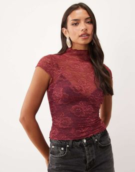ASOS DESIGN ASOS DESIGN lace color block cap sleeve top in plum-MULTI