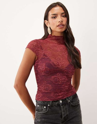 ASOS DESIGN ASOS DESIGN lace color block cap sleeve top in plum-MULTI