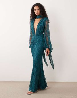 ASOS DESIGN ASOS DESIGN lace deep plunge maxi dress with scarf detail and blouson sleeve in teal-Blue