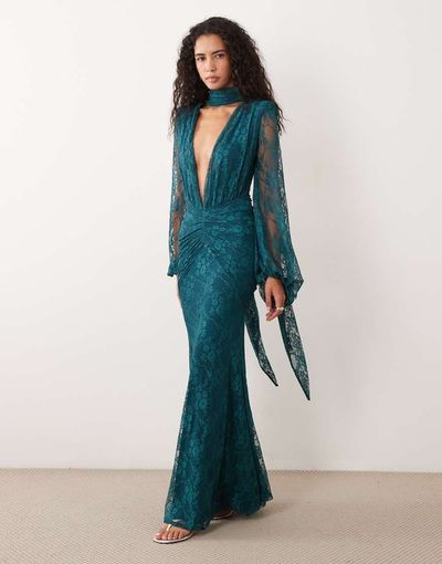 ASOS DESIGN ASOS DESIGN lace deep plunge maxi dress with scarf detail and blouson sleeve in teal-Blue
